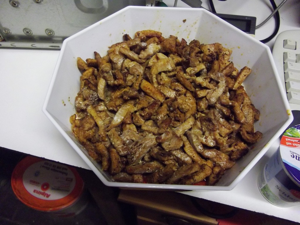 Fertig angebraten, sahne und gyrossalz darüber, dann über nacht in den kühl-<br />schrank.