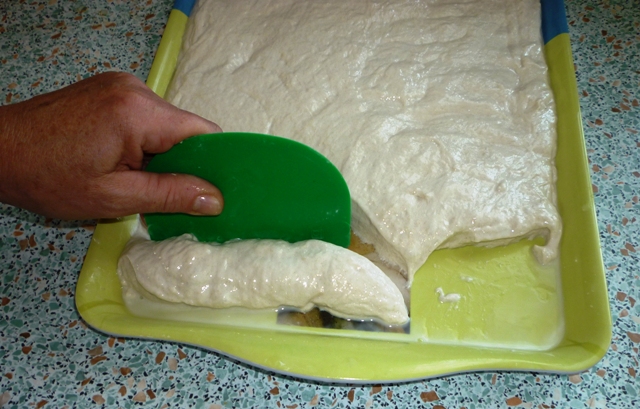 Mit dem Teigschaber 20 cm lange Teiglinge abstechen.