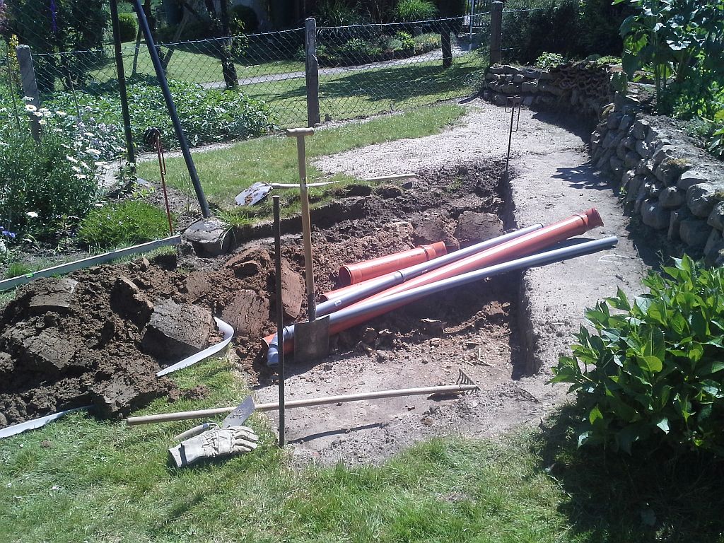 Ich hab mich dann noch für Wasser , Abwasser u. Strom entschieden. Übrigens alles in einem Rohr . In dem 100er HT befindet sich später ein Erdkabel und eine Wasserzuleitung in Schlauform , das 50erHT ist das Abwasser.