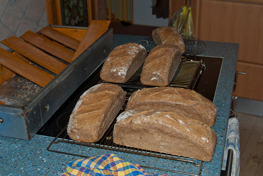 2kg Sauerteig (50Wasser :50Roggenmehl), Brühstück: 0,5kg Hafer, 2kg Roggenmehl, 1kg Weizenmehl und etwas selbstgemahlenes Brotgewürz